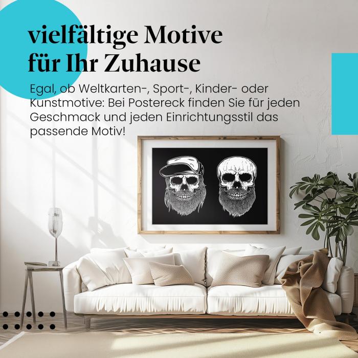 Stylisches Leinwandbild: Totenkopf mit Bart - Mit und ohne Cap.