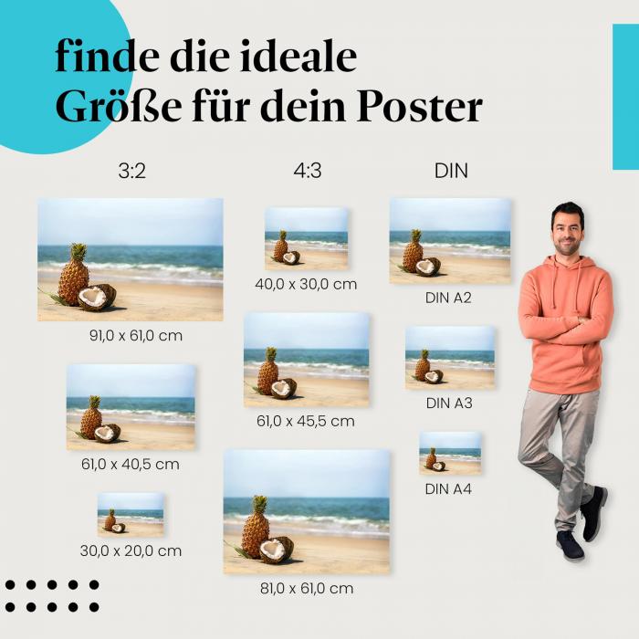 Finde die ideale Postergröße: Ananas, Kokosnuss, Strand, Meer - Urlaubsfeeling.