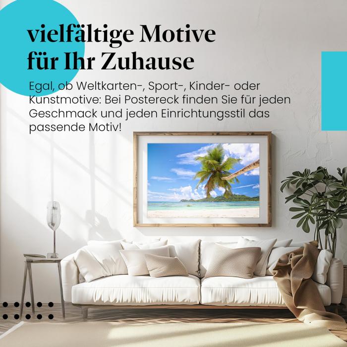 Dieses Leinwandbild versprüht Urlaubsfeeling und lässt Sie von den Seychellen träumen.