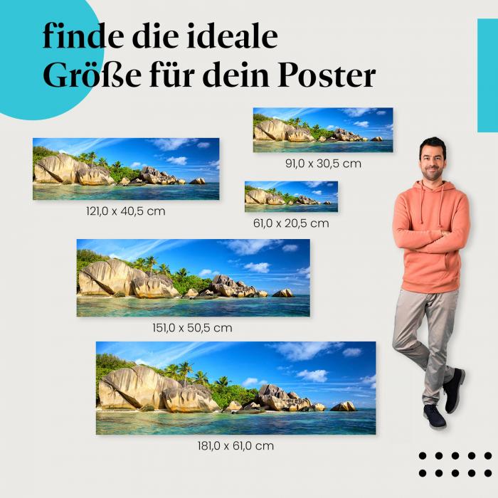 Wähle die ideale Postergröße: Panoramabild eines Traumstrandes auf den Seychellen - Fernweh garantiert!