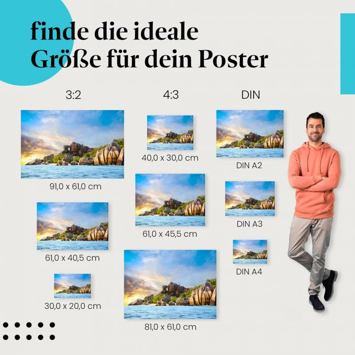 "Paradiesischer Sonnenuntergang am Traumstrand": Poster - Seychellen & Urlaub