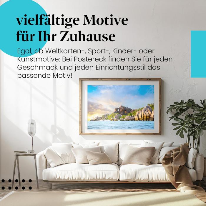 Dieses Leinwandbild versprüht Urlaubsfeeling und lässt Sie von den Seychellen träumen.