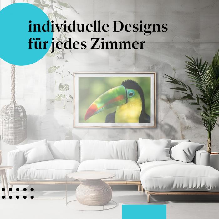 Schlafzimmer Deko: Minimalistisches Zimmer mit "Tukan" Poster. Exotische Wanddeko.