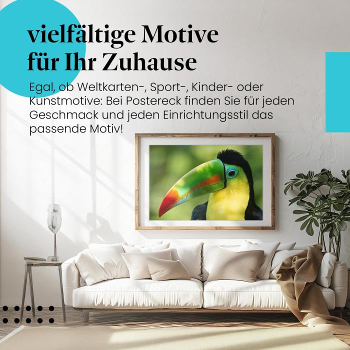 Stylisches Leinwandbild: Exotischer Tukan mit buntem Schnabel. Wanddeko für alle, die die Tierwelt lieben.