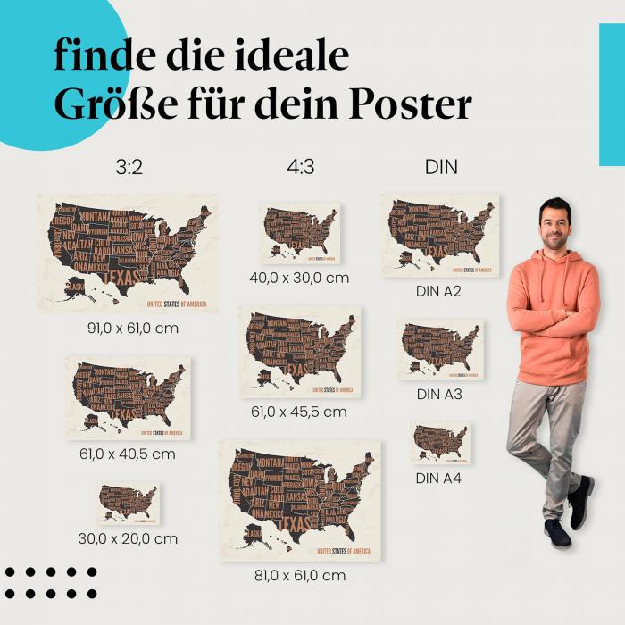 "Karte der USA" Poster - finde deine passende Größe und hol dir die Faszination der USA in deine vier Wände!