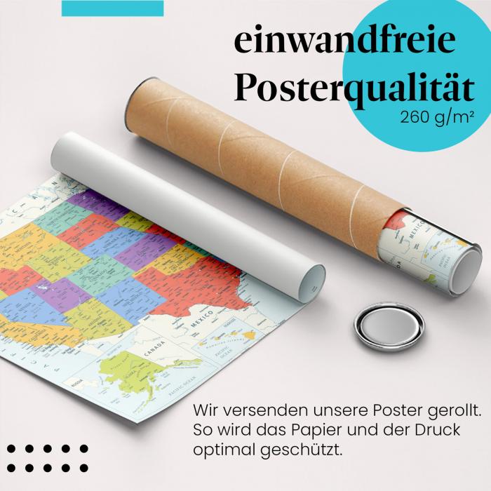 Gerolltes Poster "USA Karte". Amerika, sicher verpackt.