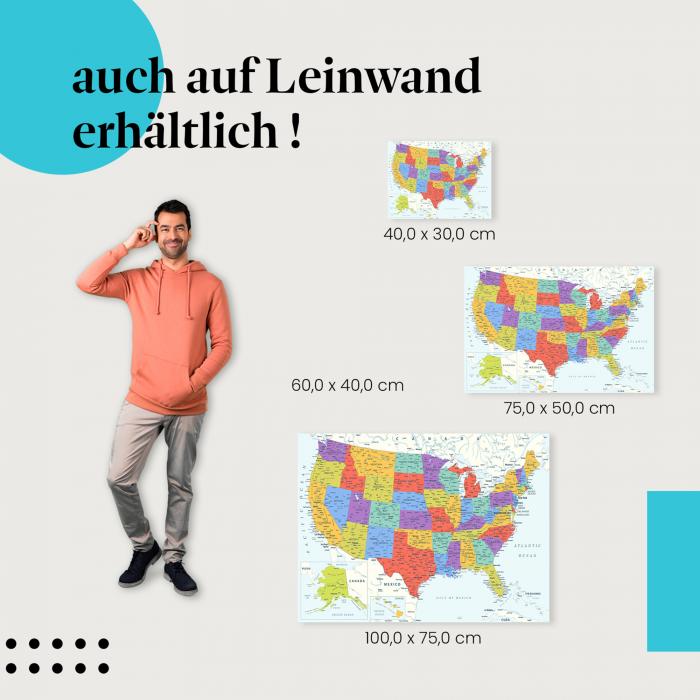 USA: Leinwandbild. Karte, Bundesstaaten, bunt.