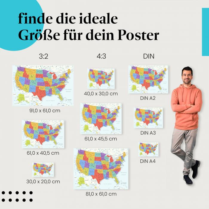 Entdecke Postergrößen für dein Zuhause: USA, Karte, Bundesstaaten.