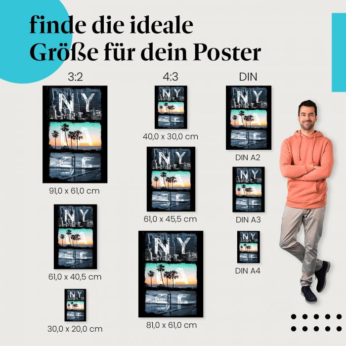 "NY LA SF" Poster: Die ideale Grösse für deine USA-Wanddeko findest du in unserem Grössenvergleich!