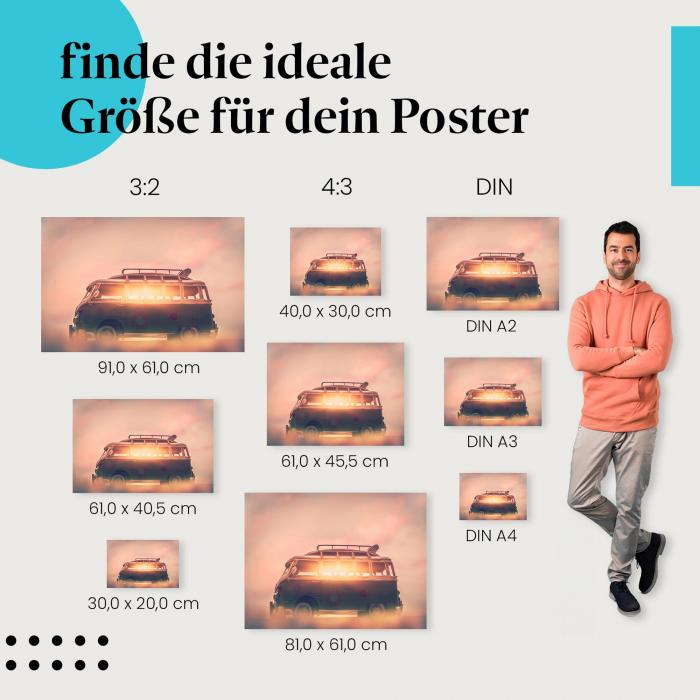 Van, Poster: Retro-Stil, Sonnenuntergang, warmes Licht.