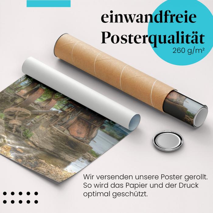 "Industriemaschine am Fluss": Gerolltes Poster, verfallen & nostalgisch. Sicher verpackt.