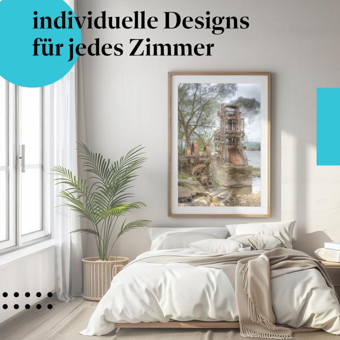 Schlafzimmer Deko: Minimalistisches Zimmer mit "Verfallene Industriemaschine" Poster. Wanddeko für Industrial Style Fans.