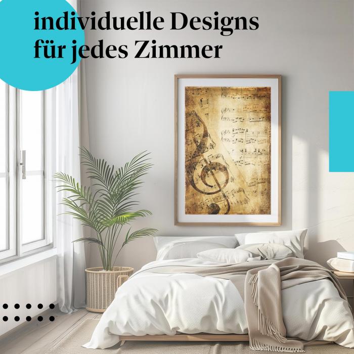 Schlafzimmer Deko: Modernes Zimmer mit "Vergilbte Noten" Poster. Nostalgische Wanddeko.