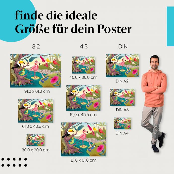 "Exotische Vögel am Wasser": Poster - Farbenfrohe Illustration & Natur