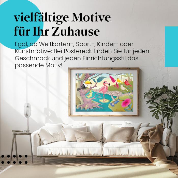 Dieses Leinwandbild mit den Vögeln ist ein Hingucker und bringt tropisches Flair in Ihre vier Wände.