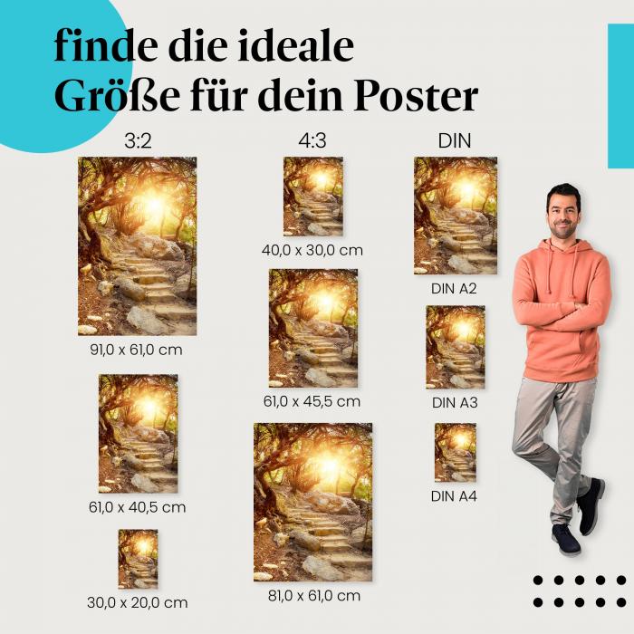 Waldpfad, Poster: Märchenhaft, Sonnenlicht, Bäume.