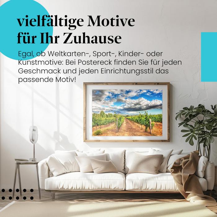 Dieses Leinwandbild mit dem Weinberg unter dramatischem Himmel bringt die Schönheit der Toskana in Ihr Zuhause.