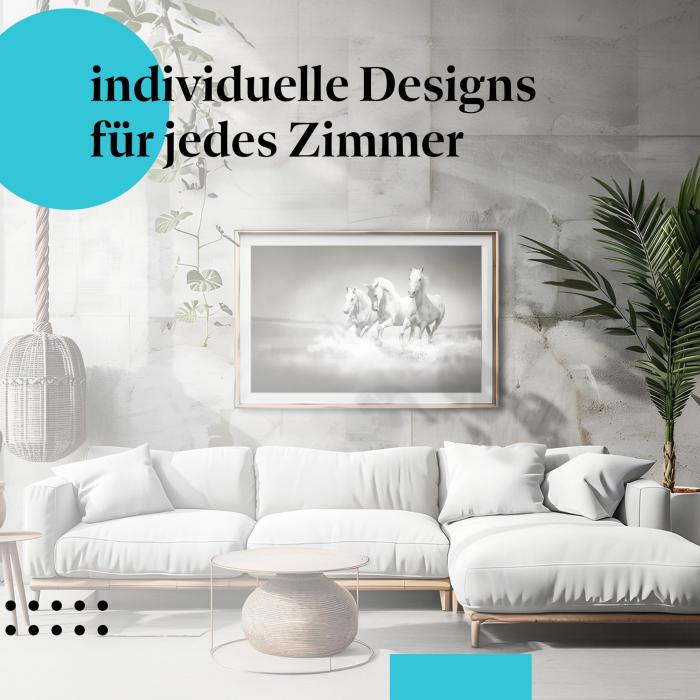 Schlafzimmer Deko: "Weiße Pferde" Poster in modernem Schlafzimmer. Wanddeko für Tierfreunde.