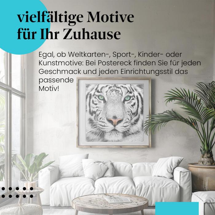 Stylisches Leinwandbild: Eindrucksvoller Weißer Tiger. Wanddeko für alle, die die Tierwelt lieben.