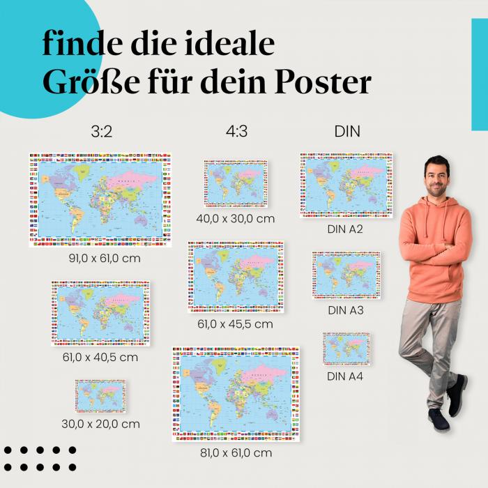 Weltkarte mit Flaggen Poster: Jetzt Postergröße wählen!