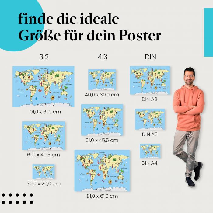 Wähle die ideale Postergröße: Bunte Weltkarte für Kinder mit Tieren, Menschen und Sehenswürdigkeiten.