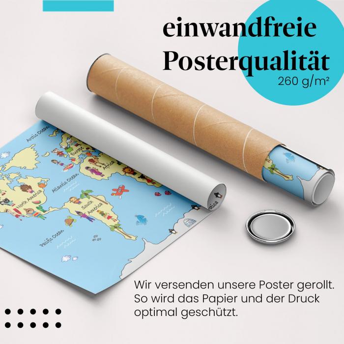 Gerolltes Poster "Weltkarte für Kinder" - Entdeckerfreude & Wissen, sicher verpackt.