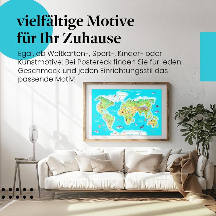 Stylisches Leinwandbild: Weltkarte Kinder Tiere Lernen.