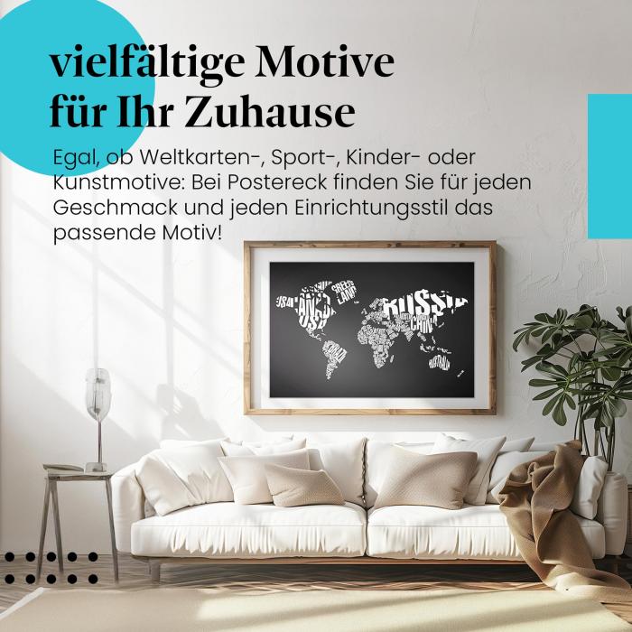 Stylisches Leinwandbild: Weltkarte - Ländernamen in typografischer Darstellung. Wanddeko für alle, die Geographie lieben.