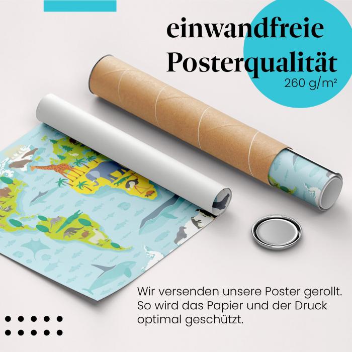 "Weltkarte Tiere": Gerolltes Poster, Kontinente.