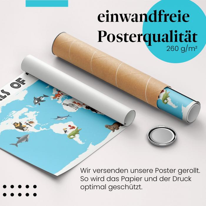 Gerolltes Poster "Weltkarte, Tiere".