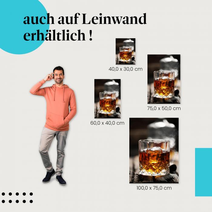 Whiskey: Leinwandbild. Glas, Eis, Rauch, Zigarre.