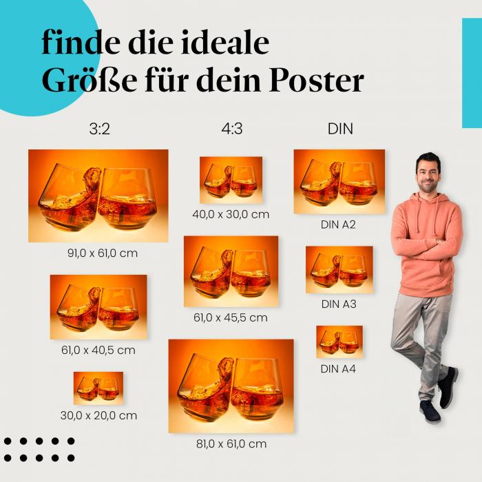 "Whiskeygläser auf orange Hintergrund": Poster - Getränke, Eiswürfel & Genuss