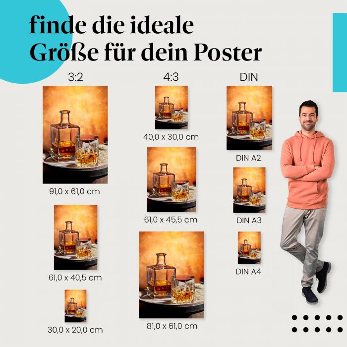 Whiskey, Poster: Glas, Flasche, Eichenfass, warme Atmosphäre.