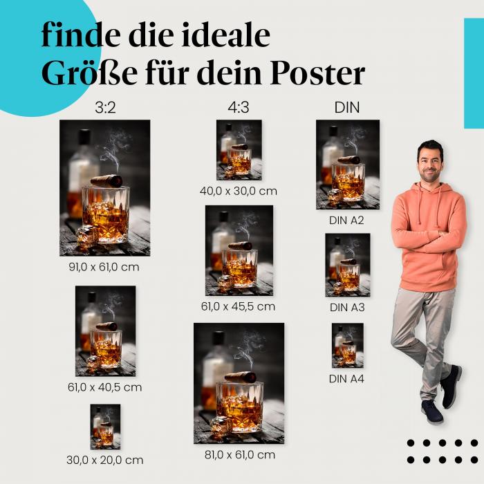 Entdecke die passende Postergröße: Whiskey, Glas, Eis, Zigarre, Rauchschwaden.