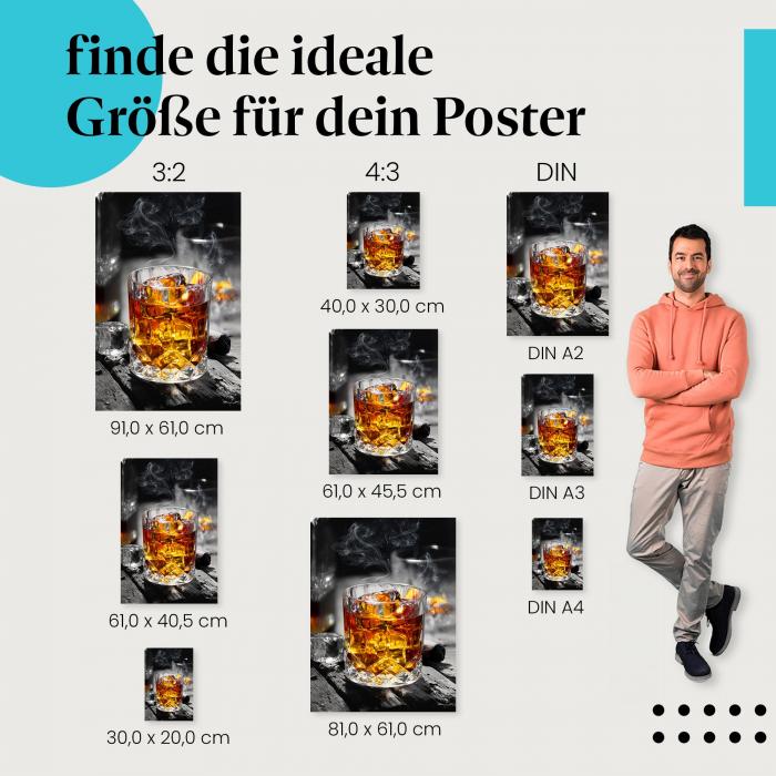 Finde die perfekte Postergröße: Ein Glas Whisky mit Eis und Zigarrenrauch - für ein entspanntes Ambiente in deinem Zuhause.