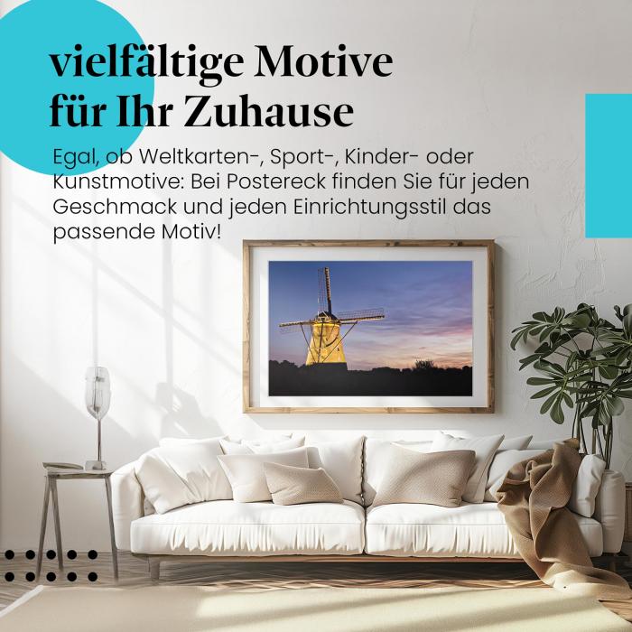 Stylisches Leinwandbild: Holländische Windmühle im Abendlicht.