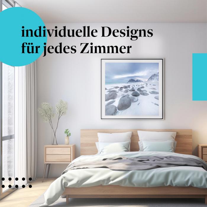 Schlafzimmer Deko: Modernes Schlafzimmer mit "Strand" Poster. Beeindruckende Wanddeko für Naturliebhaber.