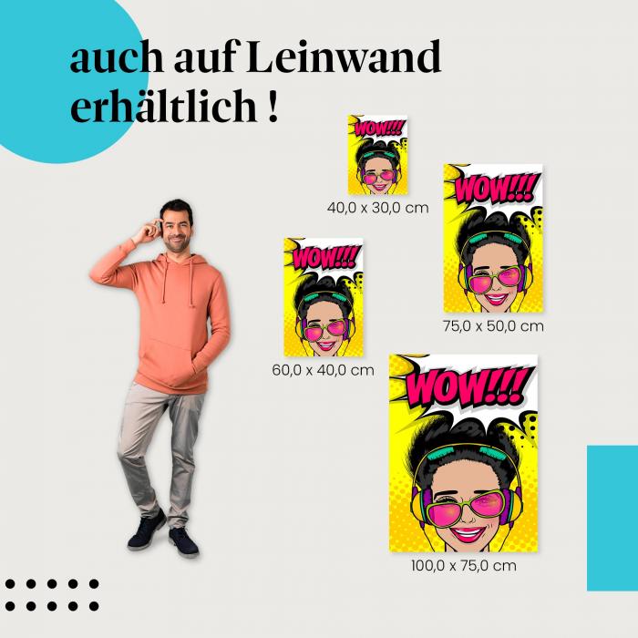 "Begeisterte Frau im Pop Art Stil" Leinwandbild. Finde die ideale Größe für dein Zuhause & setze Akzente mit Kunst!