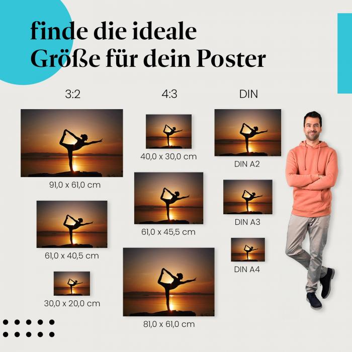 Entdecke die passende Postergröße: Yoga am Meer, Sonnenuntergang, Ruhe, Stärke.