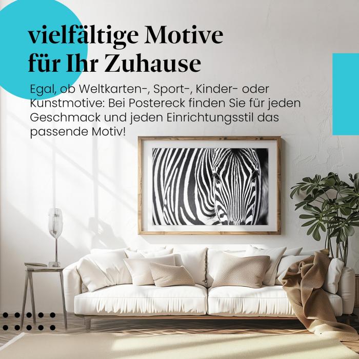 Leinwandbild "Zebra": Nahaufnahme, schwarz-weiße Streifen - ein Hingucker.