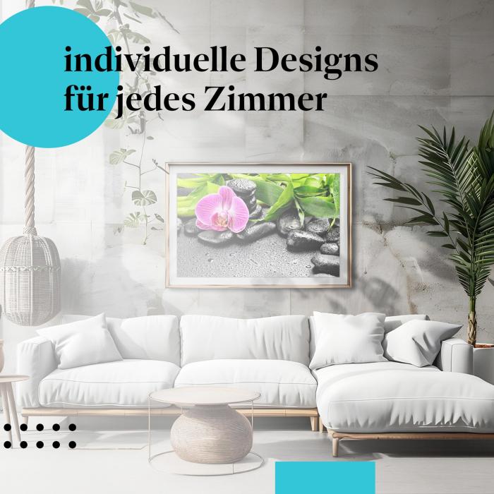 Zen-Poster: "Zen-Garten" - Orchidee, Bambus & Steine mit Wassertropfen