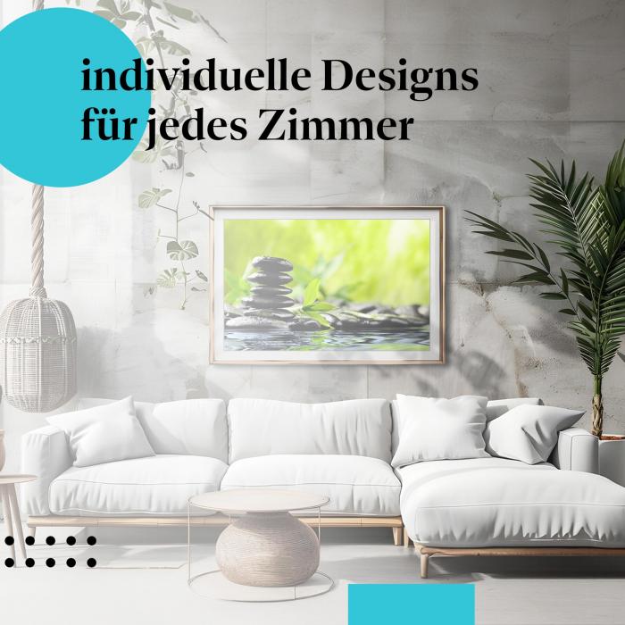 Schlafzimmer Deko: Modernes Schlafzimmer mit "Zen-Garten" Poster. Wanddeko für Ruhesuchende.