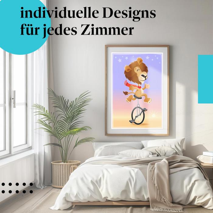 Zirkus Poster: "Zirkuslöwe" - Löwe auf Einrad & Sonnenuntergang