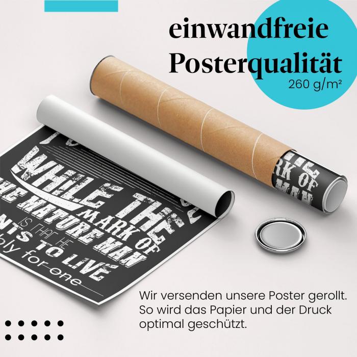 Gerolltes Poster mit Zitat über Demut - Motivierendes Design in schwarz-weiß.