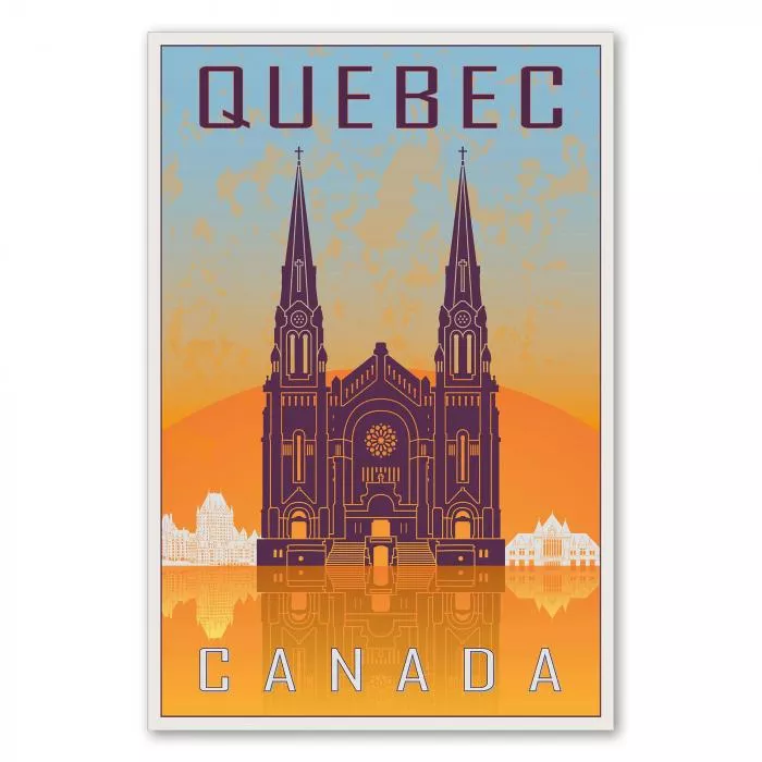 Basilika Sainte-Anne-de-Beaupré, orange Himmel spiegelt sich im Wasser – malerisches Reiseposter von Québec.