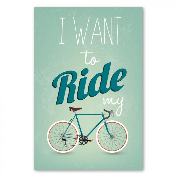 Stilvolles Vintage Poster mit einem blauen Fahrrad und der Aufschrift "I want to ride my bike" auf mintgrünem Hintergrund.