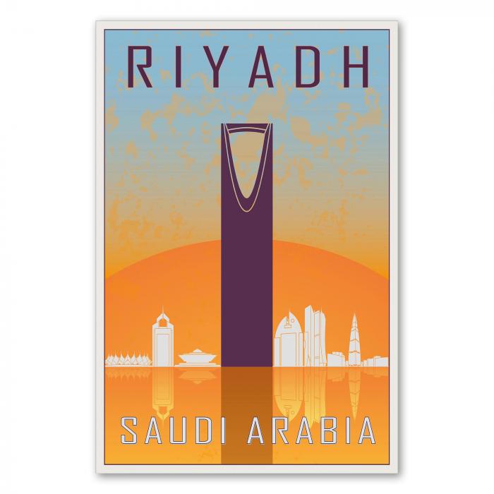 Die Skyline von Riyadh mit dem Kingdom Centre - ein Retro-Reiseposter im Stil der 50er Jahre.