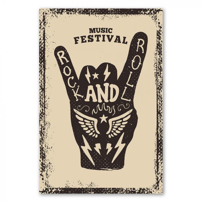 Rock on! Dieses Poster mit der ikonischen Handgeste lädt zu einem Rock and Roll Festival ein.