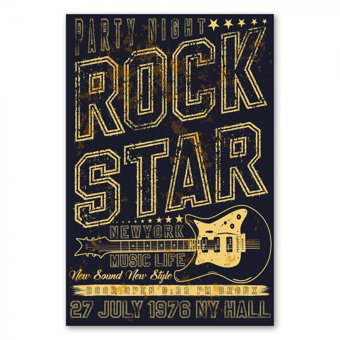 Konzertposter im Retro-Stil: Gitarre, Sterne & Schriftzug "Rock Star New York Music Life".