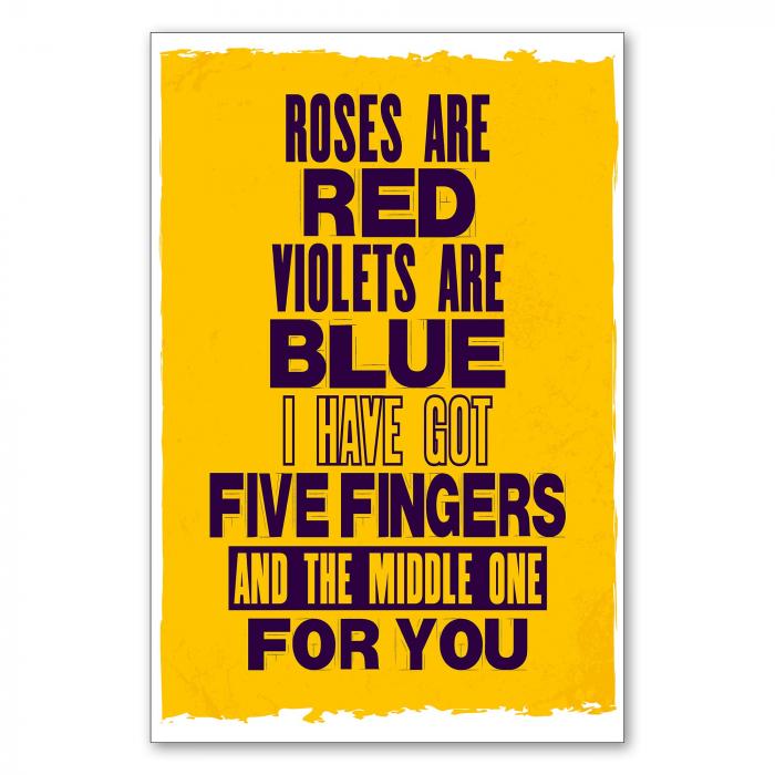 "Roses are red, violets are blue, I have got five fingers and the middle one for you" - ein frecher Spruch mit Augenzwinkern.